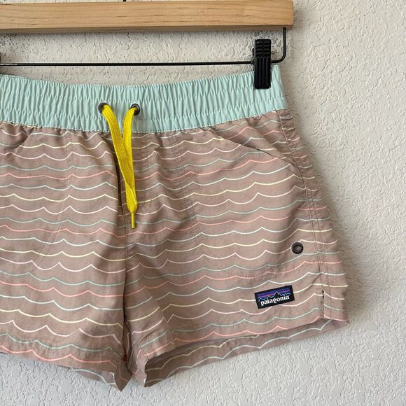 PATAGONIA Costa Rica Baggies Shorts Tan Wave Striped Elastic Waist Nylon - Picture 3 of 8